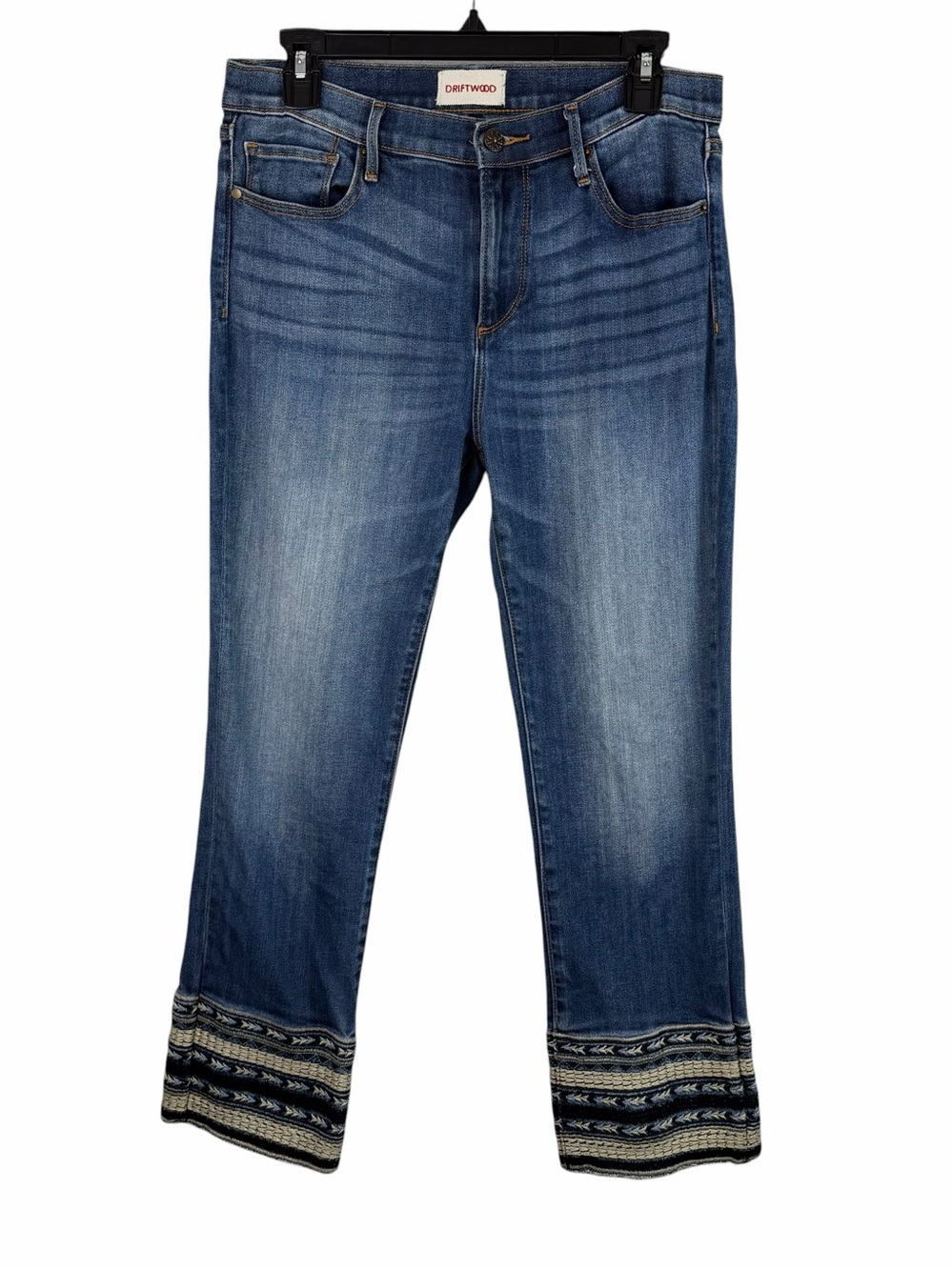 DRIFTWOOD | Medium Blue Straight Leg Crop Jeans with Embroidered Hem Detail